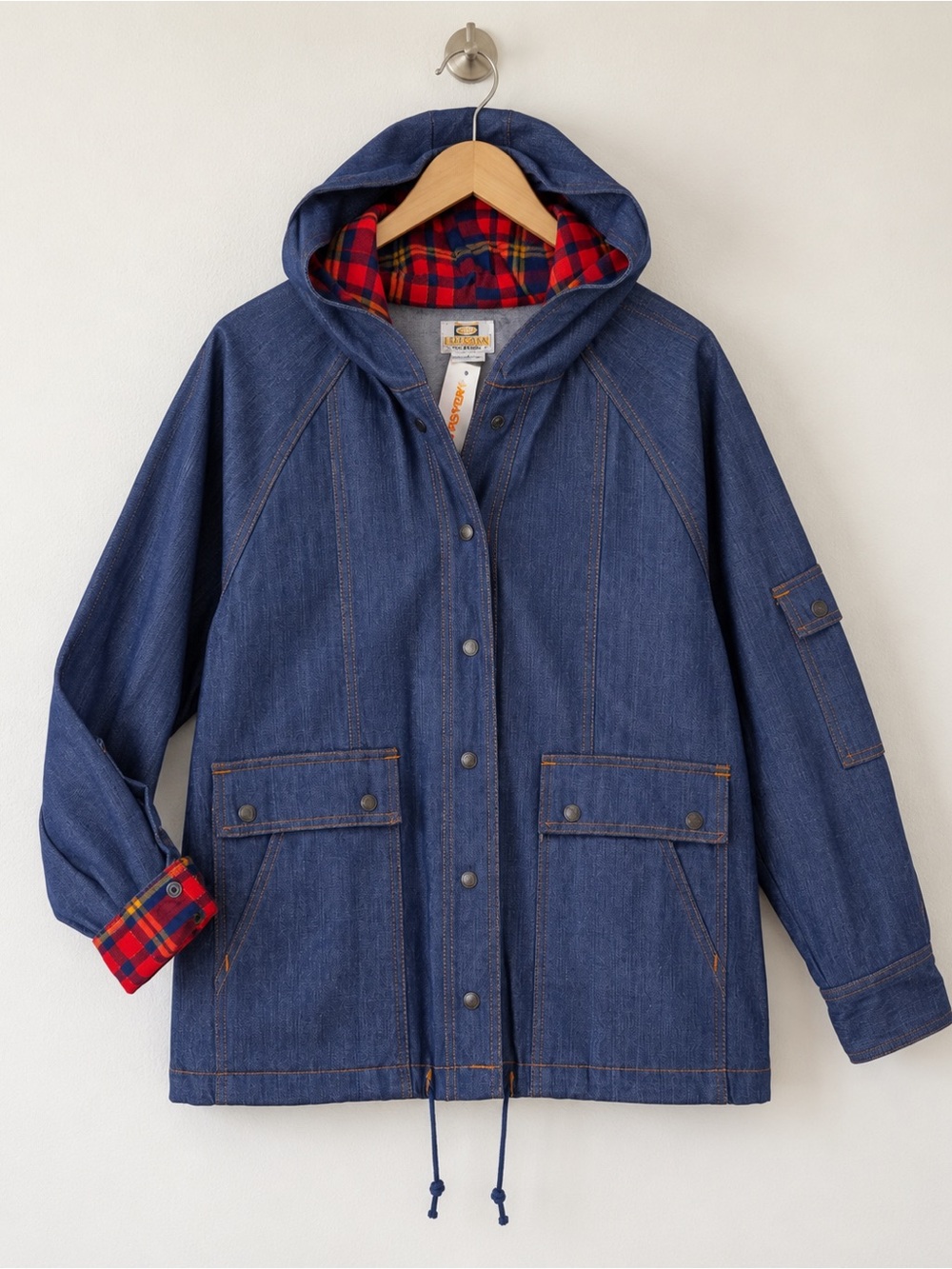 Vintage Ambassador Hooded Denim Jacket Large Fits Medium Plaid Trim NOS